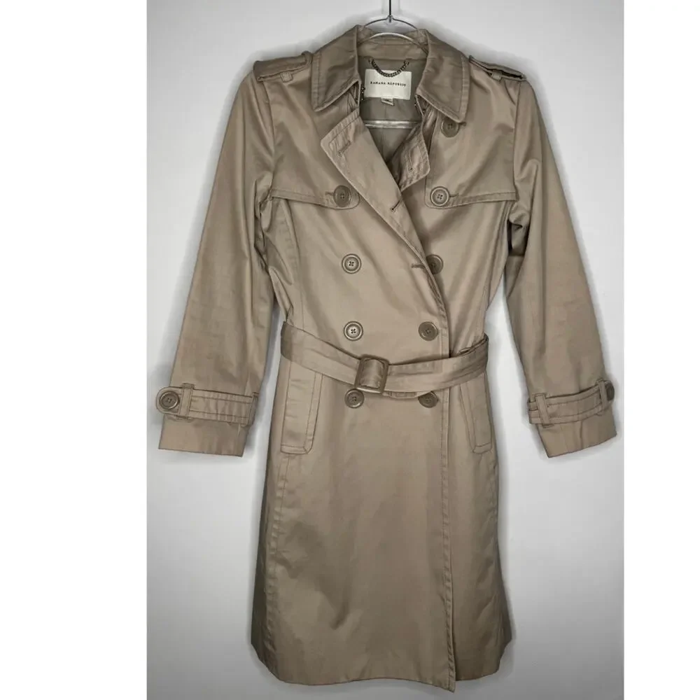 2008 Banana Republic Classic Khaki Cotton Trench Coat Belted Petite XS